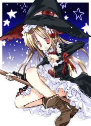 Rule 34 | 1girl, azuma hatsumi, blonde hair, boots, broom, clenched hand, cosplay, extra eyes, hat, lilith, lilith (cosplay), lilith (yamibou), lilith (yamibou) (cosplay), long hair, long sleeves, looking at viewer, open mouth, red eyes, solo, star (symbol), takasaki yuuki, witch hat, yami to boushi to hon no tabibito