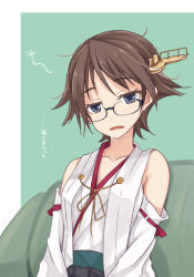 Rule 34 | 10s, bad id, bad pixiv id, bare shoulders, bespectacled, blue eyes, brown hair, collarbone, detached sleeves, glasses, hairband, hiei (kancolle), japanese clothes, kantai collection, ogami kazuki, open mouth, personification, saliva, short hair, sitting, sleepy, solo