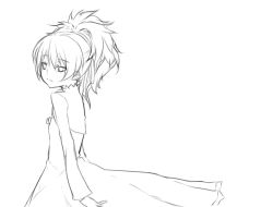 Rule 34 | 00s, 1girl, back, darker than black, dress, expressionless, female focus, flat chest, greyscale, long sleeves, looking at viewer, monochrome, ponytail, rokuichi, simple background, sketch, solo, white background, wide ponytail, yin (darker than black)