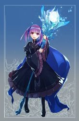 Rule 34 | 1girl, boots, dress, frilled sleeves, frills, full body, gradient background, hair ribbon, hannelore (honzuki no gekokujou), highres, hisato ar, holding, holding staff, honzuki no gekokujou, long sleeves, looking at viewer, open mouth, puffy long sleeves, puffy sleeves, purple eyes, purple hair, ribbon, short twintails, solo, staff, thigh boots, thighhighs, twintails, wide sleeves