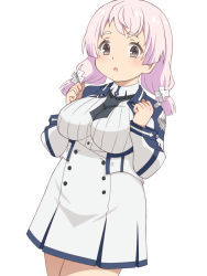 Rule 34 | 1girl, :o, breasts, brown eyes, commentary request, cross hair ornament, hair ornament, large breasts, long sleeves, looking at viewer, maou gakuin no futekigousha, meow (nekodenki), pink hair, plump, shelia nijem, short hair, simple background, solo, uniform, white background