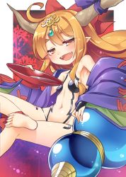 Rule 34 | 1girl, ahoge, alcohol, alternate costume, armpits, bad anatomy, barefoot, blush, cosplay, crossed legs, cup, artistic error, fangs, fate/grand order, fate (series), flower, gourd, hair ribbon, horn ornament, horn ribbon, horns, ibuki suika, jewelry, jpeg artifacts, long hair, long sleeves, looking at viewer, navel, off shoulder, open clothes, open mouth, orange hair, pointy ears, ribbon, sakazuki, sake, shuten douji (fate), shuten douji (fate) (cosplay), shuten douji (first ascension) (fate), sitting, smile, solo, spider lily, toto nemigi, touhou, trait connection, wide sleeves