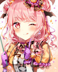 Rule 34 | 1girl, ;q, alternate hairstyle, bang dream!, black bow, black bowtie, blush, bow, bowtie, candy hair ornament, cross-laced clothes, double bun, food-themed hair ornament, frilled sleeves, frills, gloves, hair bow, hair bun, hair ornament, head wings, holding, index finger raised, jack-o&#039;-lantern, jack-o&#039;-lantern hair ornament, long hair, looking at viewer, maruyama aya, one eye closed, pink eyes, pink hair, polka dot, polka dot neckwear, purple gloves, short sleeves, solo, star (symbol), striped clothes, striped gloves, taya oco, tongue, tongue out, upper body, wings
