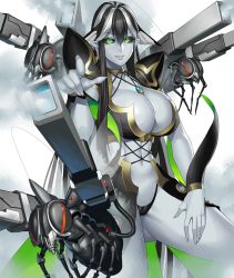 Rule 34 | 00s, 1girl, bare legs, black hair, black sclera, breasts, bug, cleavage, colored sclera, colored skin, female focus, gradient background, green eyes, grey skin, large breasts, lips, long hair, looking at viewer, machine, multicolored hair, obui, pointy ears, robot, silver hair, smile, solo, taimanin (series), taimanin asagi, taimanin asagi kessen arena, thong, two-tone hair, weapon, wisp (taimanin asagi)