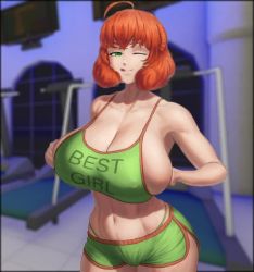 Rule 34 | 1girl, :d, ahoge, animated, areola slip, bare shoulders, bouncing breasts, breasts, cleavage, collarbone, covered erect nipples, curly hair, freckles, green eyes, huge breasts, hybrid animation, looking at viewer, midriff, navel, one eye closed, open mouth, orange hair, penny polendina, rwby, shiny skin, short hair, short shorts, shorts, sideboob, skindentation, smile, solo, sports bra, sportswear, standing, stomach, superbusty, third-party edit, thong, tongue, treadmill, video