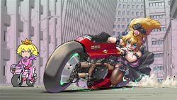 Rule 34 | 2girls, akira (manga), armlet, biker clothes, bikesuit, blonde hair, blue eyes, bodysuit, boots, bowsette, bracelet, building, collar, commentary request, crossover, crown, d:, dress, earrings, electricity, food, frills, fruit, gloves, grin, hair between eyes, hair ribbon, horns, jewelry, lamppost, mario (series), mario kart, mario kart wii, motor vehicle, motorcycle, multiple girls, mushroom, new super mario bros. u deluxe, nintendo, open mouth, princess peach, racing suit, ribbon, sash, scarf, shio no.9, smile, solid circle eyes, spiked armlet, spiked bracelet, spiked collar, spikes, star (symbol), strapless, strapless dress, super crown, thighhighs