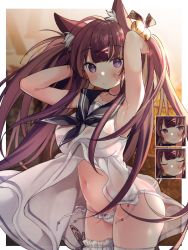 Rule 34 | 1girl, animal ear fluff, animal ears, armpits, arms up, bad id, bad pixiv id, bell, blush, breasts, brown hair, cat ears, closed eyes, dress, expression chart, frilled thighhighs, frills, groin, hair ornament, hairclip, hands in hair, jingle bell, large breasts, long hair, looking at viewer, lowleg, lowleg panties, navel, no tail, original, panties, purple eyes, sailor collar, short dress, side-tie panties, sleeveless, sleeveless dress, sundress, thighhighs, tsuka, underwear, very long hair, white dress, white panties, white thighhighs, wind, wind lift