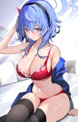 Rule 34 | 1girl, absurdres, ako (blue archive), bare shoulders, black thighhighs, blue archive, blue eyes, blue hair, blush, bra, breasts, collarbone, earrings, enishi96, hair between eyes, hairband, halo, highres, jacket, jewelry, lace, lace-trimmed bra, lace trim, large breasts, long hair, looking at viewer, navel, panties, red bra, red panties, solo, thighhighs, underwear, underwear only