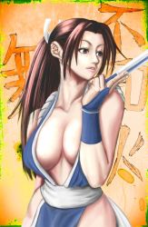 Rule 34 | 1girl, alternate color, amawa kazuhiro, breasts, brown eyes, brown hair, cleavage, folded fan, hand fan, fatal fury, female focus, folding fan, highres, holding, holding fan, japanese clothes, large breasts, long hair, matching hair/eyes, ninja, pelvic curtain, player 2, ponytail, shiranui mai, snk, solo, the king of fighters