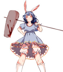 Rule 34 | 1girl, ambiguous red liquid, animal ears, bloomers, blue dress, blue hair, crescent, dress, frilled socks, frills, from below, hand on own hip, highres, holding, holding weapon, kagari6496, kine, light smile, long hair, mallet, moon rabbit, over shoulder, rabbit ears, red eyes, seiran (touhou), socks, solo, stain, touhou, underwear, weapon, weapon over shoulder