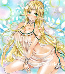 Rule 34 | 1girl, at classics, blonde hair, breasts, elf, green eyes, large breasts, long hair, marker (medium), navel, original, pointy ears, see-through, smile, solo, traditional media, very long hair