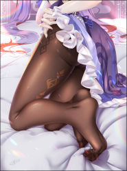 Rule 34 | 1girl, artist request, ass, bed, breasts, cameltoe, dress, fingernails, from behind, genshin impact, head out of frame, highres, keqing (genshin impact), large breasts, long fingernails, long hair, long toenails, no shoes, panties, panties under pantyhose, pantyhose, purple dress, purple hair, sharp fingernails, sharp toenails, shiny clothes, shiny skin, sideboob, skirt, solo, toenails, twintails, underwear, very long hair