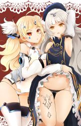 Rule 34 | 2girls, ahoge, arano oki, azur lane, beret, black panties, blonde hair, blue dress, blue hat, blunt bangs, border, clothes lift, commentary request, detached sleeves, dress, dress lift, eldridge (azur lane), facial mark, groin, hair ornament, hat, head tilt, highres, lace, lace border, lifting own clothes, long hair, long sleeves, looking at viewer, low twintails, lowleg, lowleg panties, mole, mole under eye, multiple girls, navel, ornate border, panties, parted lips, puffy long sleeves, puffy sleeves, red background, red eyes, silver hair, sleeveless, sleeveless dress, thighhighs, twintails, underwear, very long hair, white dress, white legwear, white panties, yellow eyes, z46 (azur lane)