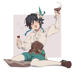 Rule 34 | 1boy, alcohol, bard, black hair, blue hair, blush, bottle, braid, brown footwear, chinese commentary, closed eyes, commentary request, corset, cup, drunk, flower, fridaynightcat, frilled sleeves, frills, genshin impact, gradient hair, green shorts, hair flower, hair ornament, highres, juliet sleeves, loafers, long sleeves, male focus, multicolored hair, open mouth, pantyhose, puffy sleeves, sakazuki, sake, sake bottle, shirt, shoes, short hair with long locks, shorts, sitting, smile, solo, squeans, tokkuri, twin braids, venti (genshin impact), wariza, white flower, white pantyhose, white shirt