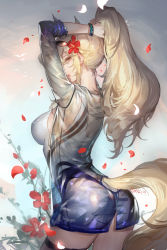 Rule 34 | 1girl, absurdres, arknights, arm up, ass, bad id, bad pixiv id, blonde hair, breasts, chinese commentary, commentary request, competition swimsuit, cowboy shot, flower, hair flower, hair ornament, hibiscus, highres, horse girl, jacket, large breasts, long hair, long sleeves, looking at viewer, nearl (arknights), nearl (shimmering dew) (arknights), official alternate costume, one-piece swimsuit, partial commentary, ponytail, red flower, see-through, sidelocks, solo, spade-m, standing, swimsuit, swimsuit cover-up, tail, yellow eyes
