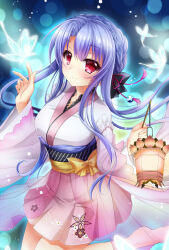 Rule 34 | 1girl, barefoot, black bow, blue background, blue butterfly, blue hair, blush, bow, braid, breasts, bug, butterfly, butterfly on hand, chibinon, closed mouth, commentary request, cowboy shot, crown braid, eyelashes, floating hair, floral print, frilled kimono, frilled sleeves, frills, hair between eyes, hair bow, hair ornament, hand up, holding, holding lantern, insect, japanese clothes, kimono, kneeling, lantern, large breasts, long hair, long sleeves, looking at animal, miko, miko day, miniskirt, nontraditional miko, official alternate costume, pink skirt, pleated skirt, red eyes, red tassel, sidelocks, simple background, skirt, smile, solo, sorakado ao, summer pockets, tassel, tassel hair ornament, very long hair, white kimono, wide sleeves