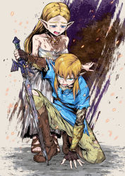 Rule 34 | 1boy, 1girl, bare shoulders, blonde hair, dirty, dirty clothes, dirty face, highres, holding, holding sword, holding weapon, kneeling, link, long hair, looking up, master sword, nintendo, on one knee, open mouth, pointy ears, princess zelda, shimure (460), sword, the legend of zelda, the legend of zelda: breath of the wild, weapon