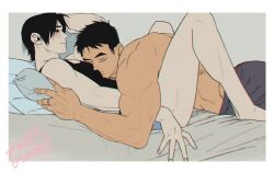 Rule 34 | 2boys, bara, bed, black hair, black tank top, closed eyes, closed mouth, couple, facial scar, grey pants, jewelry, kashikahaya, large pectorals, looking at another, lying, lying on person, male focus, multiple boys, muscular, muscular male, on back, on bed, on stomach, original, pants, pectorals, pillow, ring, scar, scar on cheek, scar on face, short hair, tank top, topless male, yaoi
