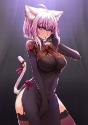 Rule 34 | 1girl, ahoge, animal ear fluff, animal ears, black dress, black gloves, bow, breasts, brown thighhighs, cat ears, cat girl, cat tail, contrapposto, covered navel, cowboy shot, crossed bangs, dress, earrings, elbow gloves, eyelashes, garter straps, gloves, hair between eyes, highres, hololive, jewelry, kajimakoto, large breasts, looking at viewer, nekomata okayu, official alternate costume, parted lips, pelvic curtain, purple eyes, purple hair, red bow, red ribbon, ribbon, see-through, short hair, side slit, solo, tail, tail ornament, tail raised, tail ribbon, thighhighs, virtual youtuber