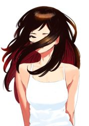 Rule 34 | 1girl, arms at sides, bare shoulders, blush, breasts, brown eyes, brown hair, bukimi isan, closed mouth, collarbone, commentary request, grey background, hair over one eye, half-closed eye, large breasts, long hair, looking at viewer, shy (series), simple background, smile, solo, tank top, tennouji ai (shy), upper body, white background, white tank top