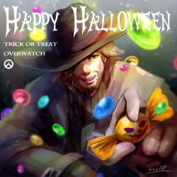 Rule 34 | 1boy, beard, blurry, brown eyes, brown hair, candy, cassidy (overwatch), copyright name, cowboy hat, depth of field, english text, facial hair, food, gloves, hair over one eye, halloween, happy halloween, hat, head tilt, highres, holding, lollipop, looking at viewer, male focus, matching hair/eyes, open mouth, outstretched arm, overwatch, overwatch 1, solo, trouba, upper body, wrapped candy