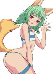 Rule 34 | 1girl, absurdres, animal ear fluff, animal ears, ass, bare arms, bare shoulders, bikini, chain, character request, eyebrows hidden by hair, fox ears, fox girl, fox tail, green hair, hand up, heart, highres, leaning forward, long hair, looking at viewer, looking to the side, low twintails, nyama, purple eyes, short twintails, simple background, solo, striped bikini, striped clothes, swimsuit, tail, tail raised, tera online, thigh strap, twintails, white background