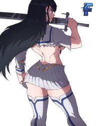 Rule 34 | 1girl, angry, annoyed, ass, black hair, blue eyes, breasts, female focus, fighting stance, highres, huge ass, katana, kill la kill, kiryuuin satsuki, large breasts, long hair, looking at viewer, looking back, medium breasts, miniskirt, multiple views, muscular back, pale skin, shirt, skirt, solo, sword, thick thighs, thighhighs, thighs, threatening, torn clothes, torn shirt, turnaround, very long hair, weapon