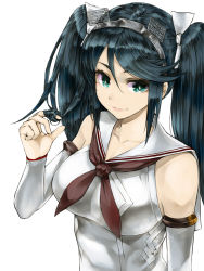 Rule 34 | 1girl, blue eyes, blue hair, breasts, commentary, detached sleeves, hair between eyes, hair ribbon, hairband, headgear, isuzu (kancolle), isuzu kai ni (kancolle), kantai collection, kurou (bcrow), large breasts, long hair, playing with own hair, red neckwear, ribbon, sailor collar, simple background, smile, solo, twintails, upper body, white background, white sailor collar