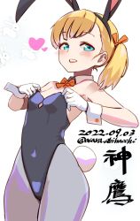 Rule 34 | 1girl, animal ears, asava (hutaitenn), black leotard, blonde hair, blue eyes, blunt bangs, bow, bowtie, cowboy shot, dated, detached collar, flat chest, gloves, hair ribbon, highres, kantai collection, leotard, long hair, orange bow, orange bowtie, pantyhose, playboy bunny, rabbit ears, rabbit tail, ribbon, shin&#039;you (kancolle), simple background, solo, strapless, strapless leotard, tail, twitter username, white background, white gloves, white pantyhose, wrist cuffs