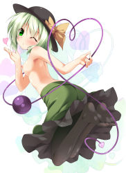 Rule 34 | 1girl, bad id, bad pixiv id, black pantyhose, blowing kiss, blush, bow, breasts, feet, female focus, green eyes, green hair, hat, hat bow, heart, heart-shaped pupils, heart of string, highres, komeiji koishi, looking at viewer, looking back, matching hair/eyes, nipples, nironiro, no shoes, one eye closed, pantyhose, short hair, silhouette, skirt, smile, soles, solo, symbol-shaped pupils, third eye, toes, topless, touhou, wink
