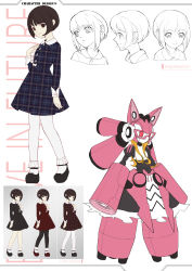 Rule 34 | absurdres, alternate color, black bow, black eyes, black footwear, blonde hair, bob cut, bow, brown hair, character sheet, closed mouth, english text, expressions, frills, frown, highres, multiple views, neko sheep, original, pantyhose, parted lips, plaid, short hair, smile, standing, white bow