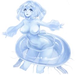 Rule 34 | 1girl, :d, barbariank, blue eyes, blue hair, blue skin, blue theme, breasts, bubble skirt, colored skin, commentary, cropped legs, dress, english commentary, large breasts, long sleeves, looking at viewer, monster girl, monster girl encyclopedia, open mouth, outstretched arms, sea slime, sea slime (monster girl encyclopedia), short hair, simple background, skirt, slime girl, smile, solo, spread arms, veil, white background, wide sleeves