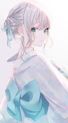 Rule 34 | 1girl, back bow, blue bow, blue eyes, bow, closed mouth, commentary request, earrings, eyebrows hidden by hair, floral print, flower, gradient background, grey background, hair between eyes, hair bow, hair flower, hair ornament, hand fan, highres, japanese clothes, jewelry, kimono, looking to the side, misumi (macaroni), original, paper fan, print kimono, silver hair, solo, uchiwa, white background, white flower, white kimono