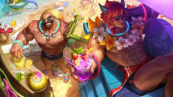 Rule 34 | 2boys, abs, absurdres, animal ears, anklet, arm tattoo, armband, bar (place), beach, beard, biceps, black male swimwear, black swim briefs, blue male swimwear, blue swim briefs, bracelet, braum (league of legends), cat ears, character request, check character, closed eyes, coconut, collar, crab, crossed legs, drink, drinking straw, elbow gloves, facial hair, flower, flower collar, food, from above, fruit, glasses, gloves, highres, ina wong, jewelry, knife, large pectorals, league of legends, lemon, lemon slice, lifeguard, lifeguard chair, male focus, male swimwear, manly, mature male, multiple boys, muscular, muscular male, mustache, navel, ocean, official art, pectorals, pool party braum, pool party sett, pool party zoe, popsicle, poro (league of legends), red eyes, sand, sandals, sett (league of legends), sitting, skirt, smile, strawberry, swim briefs, swimsuit, tattoo, thick arms, thick eyebrows, thick thighs, thighs, topless male, visor cap, whistle, whistle around neck