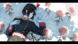 Rule 34 | 1girl, bed sheet, black hat, black jacket, blue eyes, brown hair, closed mouth, commentary request, flower, genso, gloves, hat, highres, imperial japanese army, jacket, letterboxed, lying, military, military uniform, on back, original, peaked cap, saber (weapon), solo, spider lily, sword, uniform, weapon, white gloves