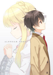 Rule 34 | 10s, 1boy, 1girl, ahoge, aldnoah.zero, asseylum vers allusia, black hair, blonde hair, brown eyes, copyright name, closed eyes, hyuuga azuri, kaizuka inaho, looking up, own hands clasped, own hands together, projected inset, school uniform, smile