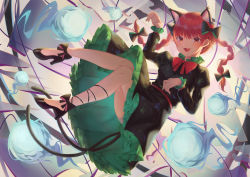 Rule 34 | 1girl, absurdres, animal ears, black bow, black footwear, bow, bowtie, braid, cat ears, cat tail, dress, extra ears, fat123, footwear bow, frilled dress, frilled sleeves, frills, full body, green dress, hair bow, high heels, highres, juliet sleeves, kaenbyou rin, leg strap, long hair, long sleeves, multiple tails, nekomata, open mouth, panties, pantyshot, puffy sleeves, red bow, red bowtie, red eyes, red hair, red sash, sash, solo, tail, touhou, twin braids, two tails, underwear, white panties