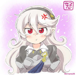Rule 34 | 1girl, anger vein, armor, black hairband, closed mouth, corrin (female) (fire emblem), corrin (fire emblem), eromame, fire emblem, fire emblem fates, hairband, long hair, nintendo, pointy ears, pout, red eyes, solo, twitter username, upper body, white hair