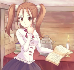 Rule 34 | 1girl, alternate costume, bad id, bad pixiv id, book, brown eyes, brown hair, candle, dragon quest, dragon quest viii, earrings, female focus, indoors, jessica albert, jewelry, ninica, solo, square enix, twintails
