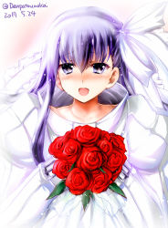 Rule 34 | 10s, 1girl, blush, bouquet, dated, dress, fate/extra, fate/extra ccc, fate/grand order, fate (series), flower, hair between eyes, hair ribbon, hands up, happy tears, holding, juliet sleeves, kimura shuuichi, long hair, long sleeves, looking at viewer, meltryllis (fate), nose blush, open mouth, puffy sleeves, purple hair, red flower, red rose, ribbon, rose, smile, solo, tears, twitter username, upper body, wedding dress, white ribbon