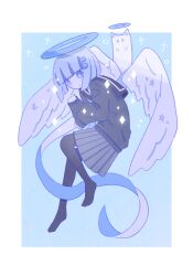 Rule 34 | 1girl, :o, angel, angel wings, black cardigan, blue background, blue eyes, blue halo, blue neckerchief, blue theme, blunt bangs, blunt ends, blush, bob cut, cardigan, cathead, circle, cross, cross-shaped pupils, diamond (shape), full body, ghost, grey skirt, hair ornament, hairclip, halo, highres, hunched over, light blush, long sleeves, looking at viewer, multicolored background, neckerchief, no nose, no shoes, omochi noa, original, pantyhose, pleated skirt, sailor collar, school uniform, serafuku, shirt, short hair, simple background, skirt, sleeves past wrists, solid oval eyes, sparkle, star (symbol), symbol-shaped pupils, uniform, white background, wings