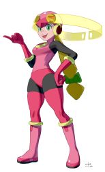 Rule 34 | 1girl, absurdres, alternate breast size, blonde hair, bodysuit, boots, bow, breasts, gloves, green bow, green eyes, hair bow, hand on own hip, helmet, highres, index finger raised, leotard, long hair, looking at viewer, medium breasts, mega man (series), mega man battle network, mega man battle network (series), netnavi, open mouth, pink bodysuit, pink footwear, pink gloves, pink leotard, roll.exe (mega man), simple background, smile, solo, unknownid, very long hair, white background