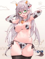Rule 34 | 1girl, :d, animal ears, animal print, animated, animated gif, armpits, arms behind head, arms up, bell, bikini, black thighhighs, bouncing breasts, breasts, covered erect nipples, cow ears, cow horns, cow print, cow tail, cowboy shot, detached collar, elbow gloves, glasses, gloves, gluteal fold, green eyes, groin, hololive, horns, large breasts, long hair, looking at viewer, micro bikini, navel, neck bell, open mouth, pom pom (clothes), ribbon, shirogane noel, side-tie bikini bottom, sideboob, silver hair, skindentation, smile, solo, stomach, strap gap, swimsuit, tail, tail ornament, tail ribbon, teeth, thighhighs, thighs, upper teeth only, very long hair, virtual youtuber, waterring