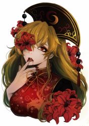 Rule 34 | 1girl, black dress, blonde hair, breasts, chinese clothes, crescent, dress, licking finger, flower, hair flower, hair ornament, hair over one eye, hat, highres, junko (touhou), kyogoku-uru, large breasts, licking, long hair, looking at viewer, nail polish, pom pom (clothes), red eyes, red nails, simple background, solo, symbolism, tabard, tassel, touhou, upper body, wavy hair, white background