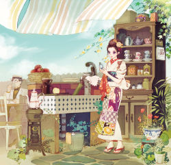 Rule 34 | 1boy, 1girl, apple, apron, arrow print, basket, black hair, blue and white pottery, boater, bottle, bow, bowtie, bucket, cabinet, calendar (object), chair, cloud, counter, cup, dress, drinking, fence, floral print, flower, food, formal, fruit, full body, geta, glasses, hair flower, hair ornament, hair up, hairband, hand pump, hat, industrial pipe, japanese clothes, kettle, kimono, leaf, market stall, matsuo hiromi, obi, octagon and dot, opaque glasses, original, outdoors, overgrown, plant, plate, poppy (flower), potted plant, print dress, print kimono, pump, purple eyes, sandals, sash, saucer, scenery, ship in a bottle, short hair, sitting, sky, standing, stove, suit, table, tea set, teacup, teapot, tiles, towel, traditional bowtie, tree, water pump, yagasuri, yukata
