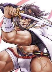 Rule 34 | 1boy, abs, animal ears, bandaged leg, bandaged wrist, bandages, bara, biceps, commentary request, facial scar, fangs, furry, furry male, holding, holding sword, holding weapon, kemokemumaki, lion boy, lion ears, lion mane, live a hero, male focus, multiple scars, open mouth, ponytail, scabbard, scar, scar on cheek, scar on face, scar on leg, scar on nose, sheath, smile, sword, toshu (live a hero), weapon, whiskers, white loincloth