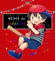 Rule 34 | 0mzum1, 1boy, :d, anniversary, baseball bat, baseball cap, black eyes, black hair, blue footwear, blue shirt, blue shorts, blush, blush stickers, commentary request, confetti, copyright name, eighth note, hair between eyes, hand up, hat, highres, looking at viewer, male focus, mother (game), mother 1, musical note, neckerchief, ninten, nintendo, open mouth, outline, red background, red hat, red neckerchief, red socks, shirt, shoes, short hair, short sleeves, shorts, sideways hat, simple background, smile, socks, solo, string of flags, striped clothes, striped shirt, t-shirt, two-tone shirt, v-shaped eyebrows, white outline, yellow shirt
