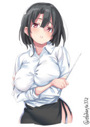 Rule 34 | 1girl, alternate costume, black hair, black skirt, blush, breasts, closed mouth, ebifurya, hair between eyes, highres, kantai collection, large breasts, long sleeves, looking at viewer, medium hair, miniskirt, pointer, red eyes, shirt, simple background, skirt, solo, takao (kancolle), twitter username, white background, white shirt