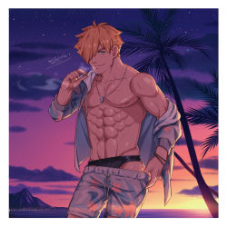 Rule 34 | 1boy, abs, absurdres, bara, bare pectorals, black male swimwear, blue male swimwear, cigarette, fate/grand order, fate (series), feet out of frame, hair over one eye, hawaiian shirt, highres, looking at viewer, male focus, male swimwear, navel, nipples, official alternate costume, open clothes, open shirt, pectorals, robin hood (fate), robin hood (summer hunter) (fate), seductive smile, shirt, short hair, single bare shoulder, smile, smoking, solo, stomach, sunset, swim briefs, swim trunks, toned, toned male, tree, undressing, yaekaidou