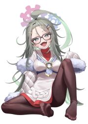 Rule 34 | 1girl, absurdres, ahoge, black-framed eyewear, black pantyhose, blue archive, blue eyes, blush, breasts, commentary, fangs, feet, full body, fur-trimmed sleeves, fur trim, glasses, green hair, hair ornament, hairclip, halo, highres, huge ahoge, long hair, medium breasts, meru (blue archive), open mouth, pantyhose, red sweater, ribbed sweater, salty gana, simple background, sleeves past fingers, sleeves past wrists, soles, solo, sweater, turtleneck, turtleneck sweater, white background, wide sleeves